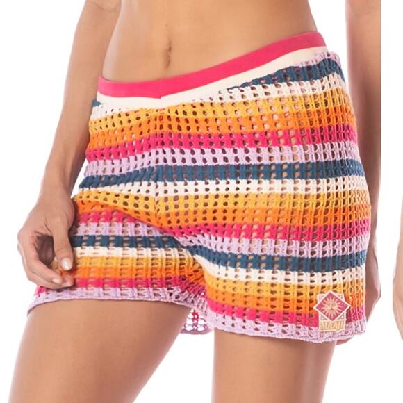 Maaji Pink Prism Kiko Shorts Knit Crochet Pull On 6"  Multi Color Stripe M NEW - Picture 1 of 9